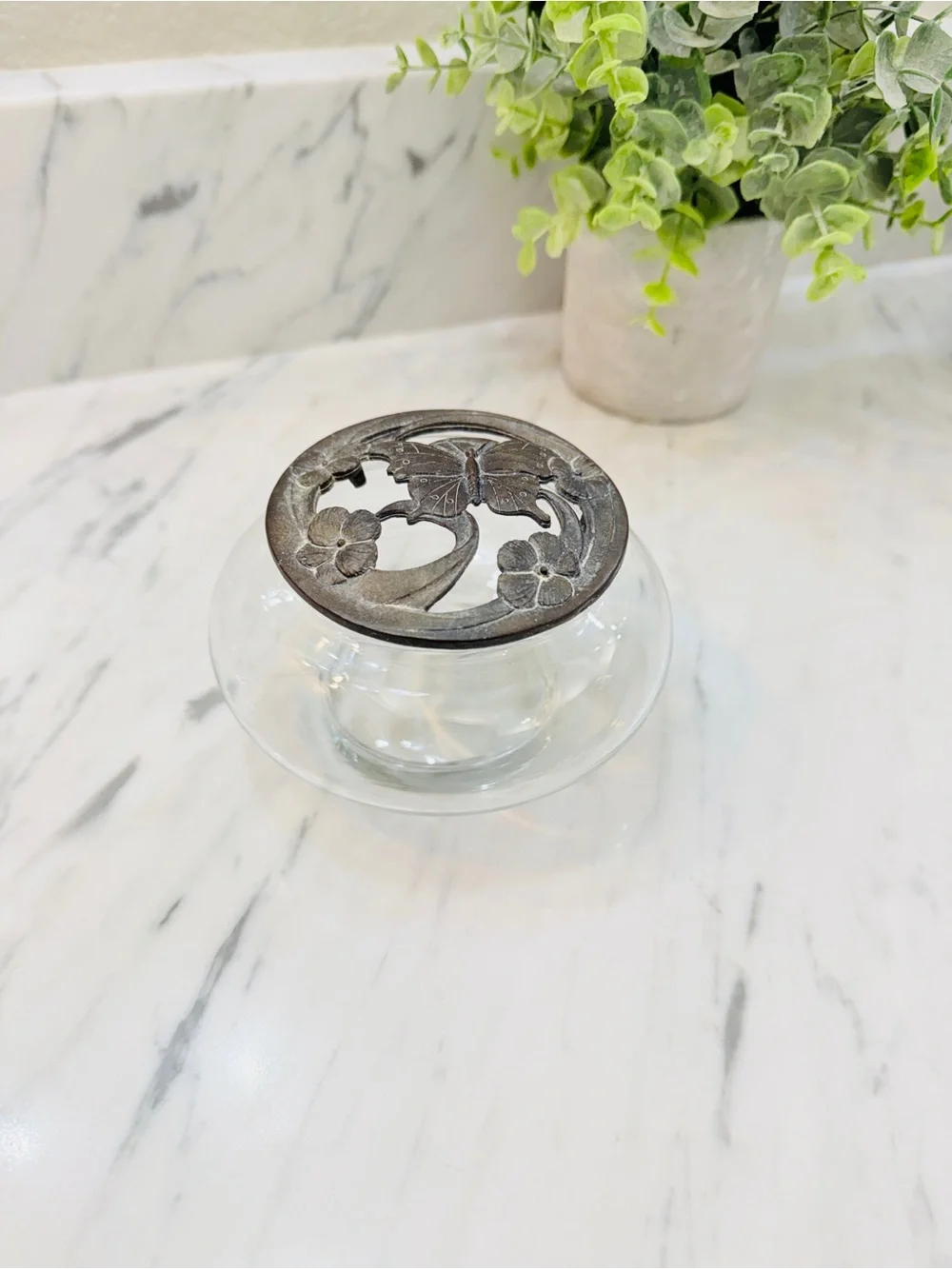 Vintage Clear Glass Trinket / Potpourri Jar w/ Ornate Bronze Butterfly Lid